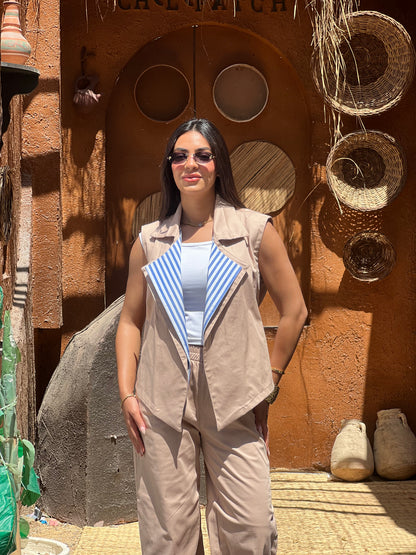 Striped Collar Vest Set in Beige