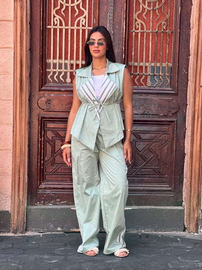 Striped Collar Vest Set in Mint