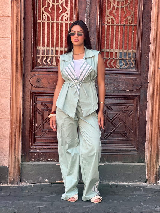 Striped Collar Vest Set in Mint