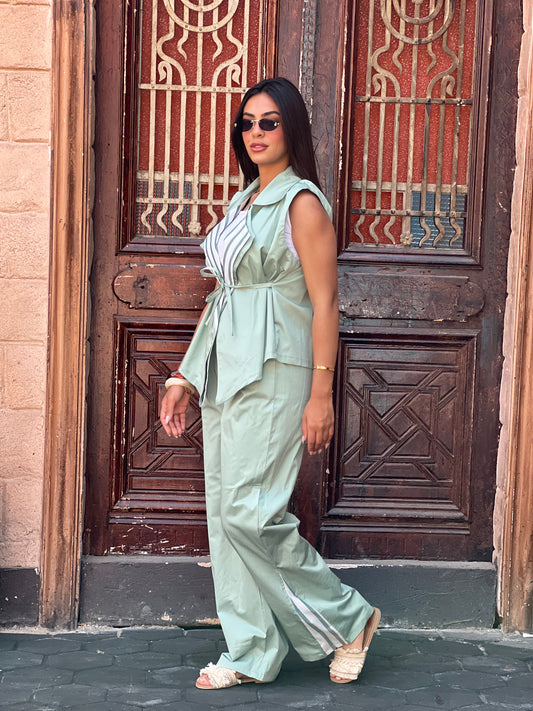 Striped Collar Vest Set in Mint