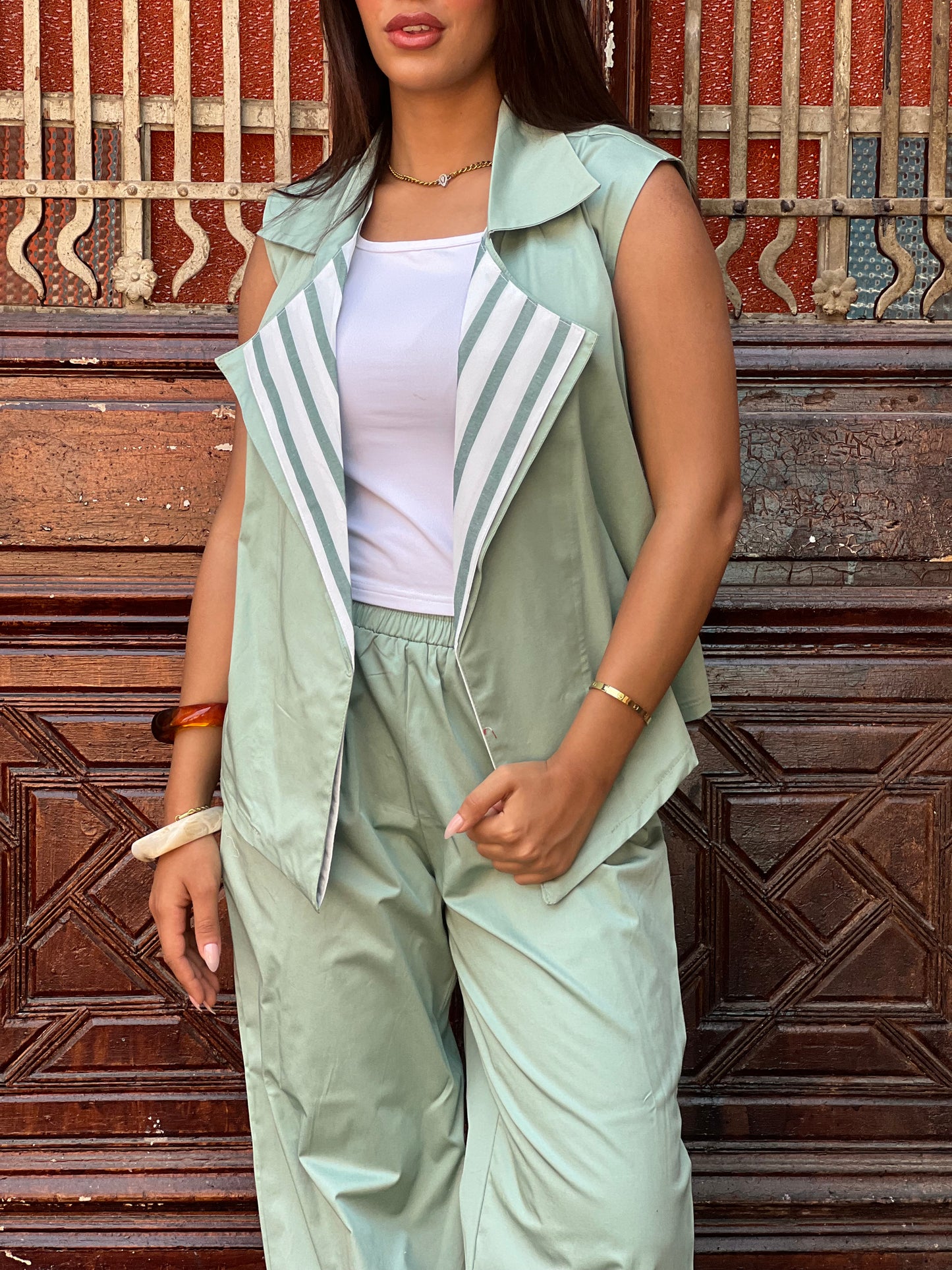 Striped Collar Vest Set in Mint