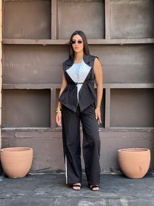 Striped Collar Vest Set in Black