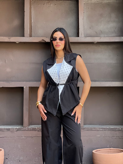 Striped Collar Vest Set in Black