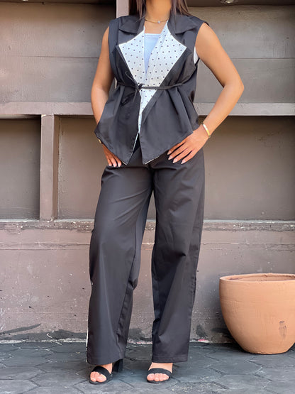 Striped Collar Vest Set in Black