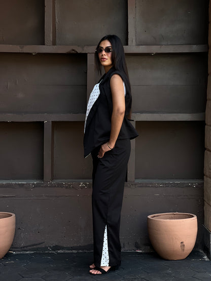 Striped Collar Vest Set in Black
