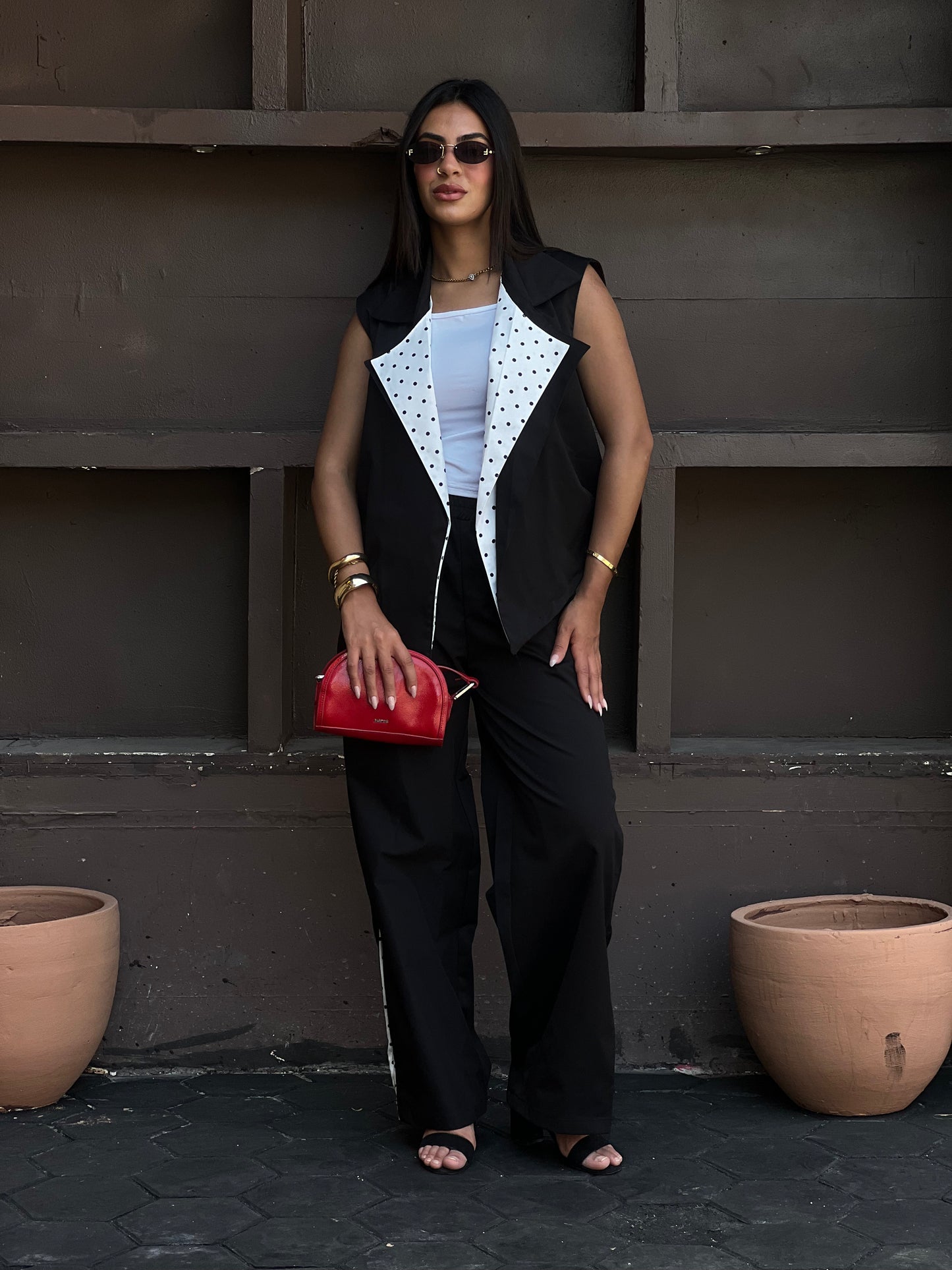 Striped Collar Vest Set in Black