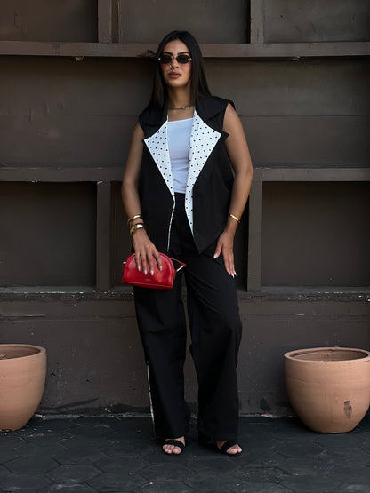 Striped Collar Vest Set in Black