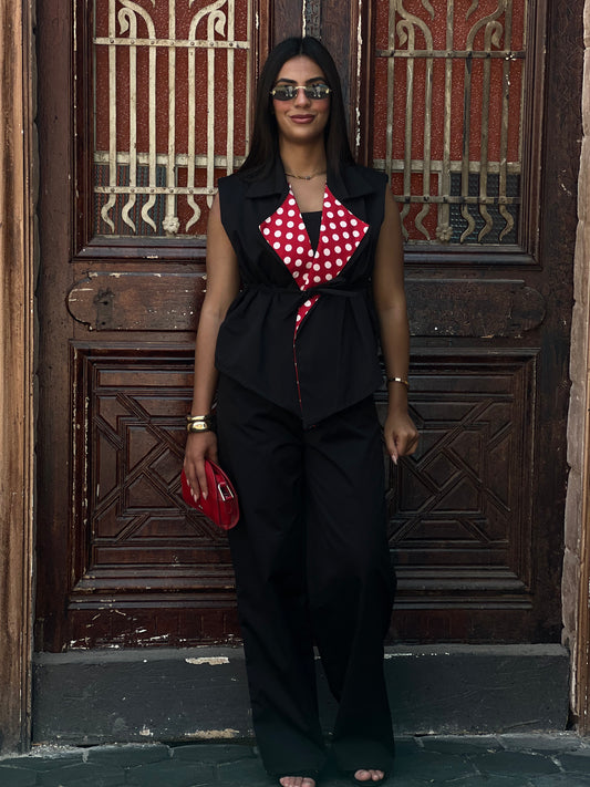 Polka Dots Collar Vest Set in Black