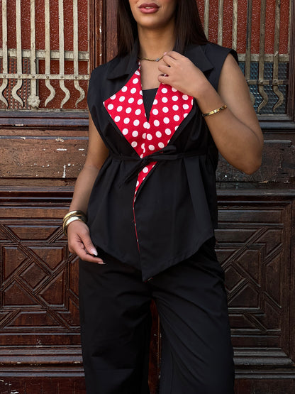 Polka Dots Collar Vest Set in Black