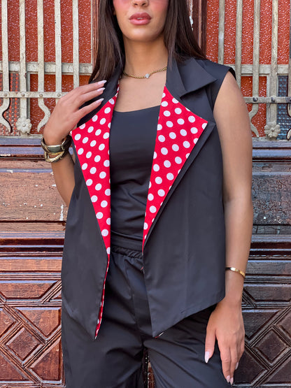 Polka Dots Collar Vest Set in Black