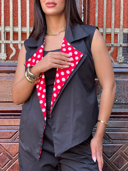 Polka Dots Collar Vest Set in Black