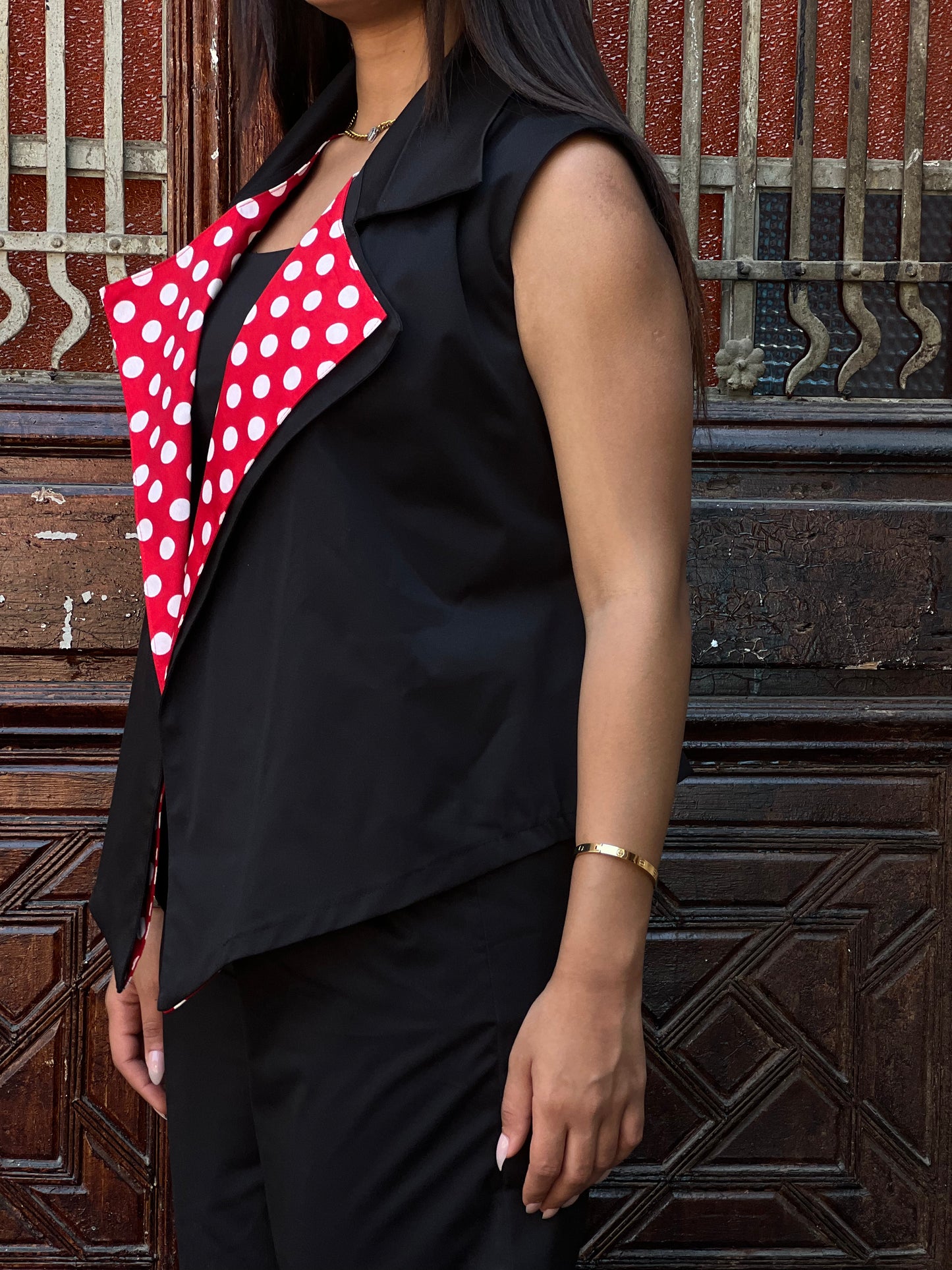 Polka Dots Collar Vest Set in Black