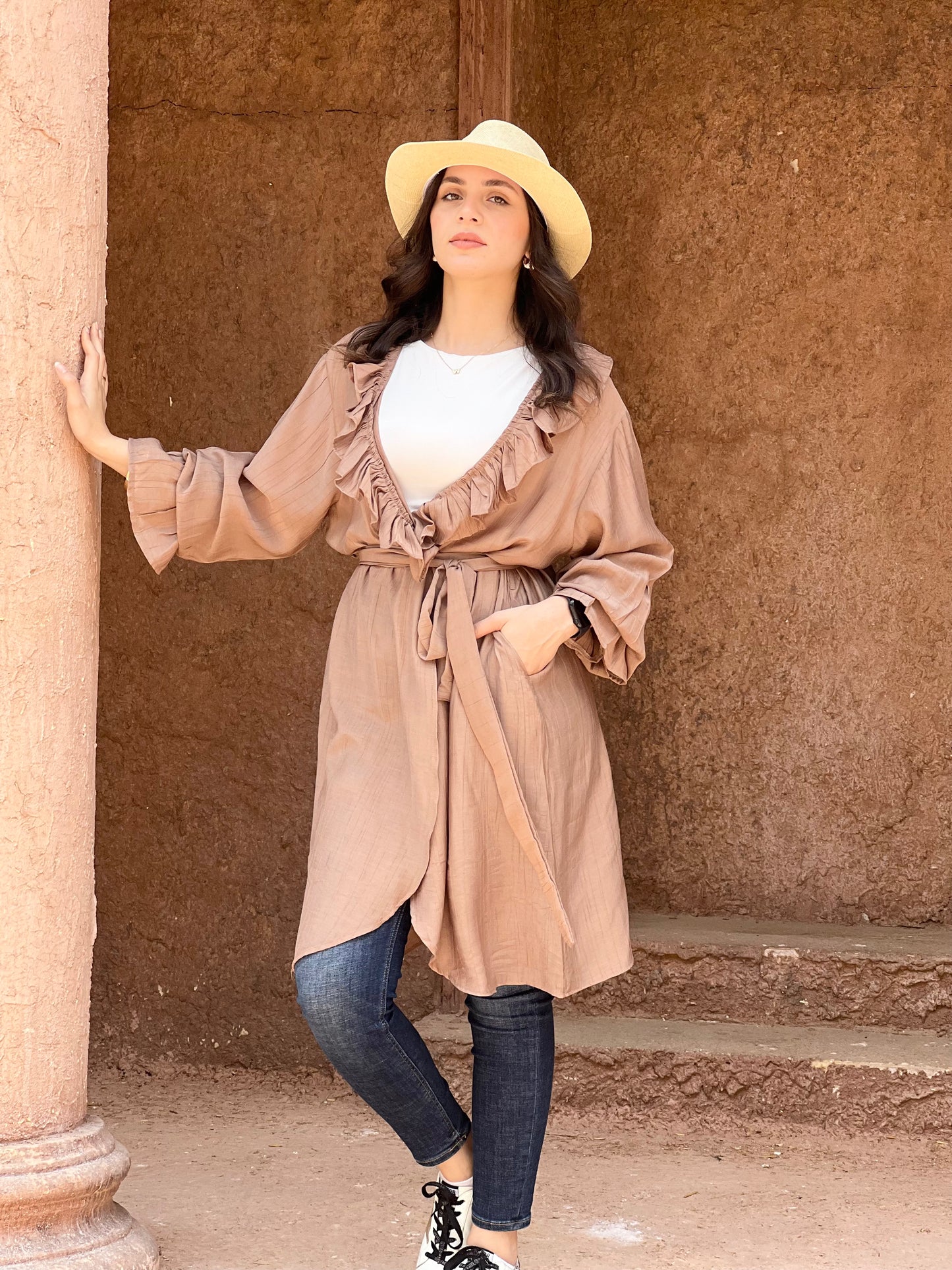 The Ruffle Wrap Cardigan (Café)